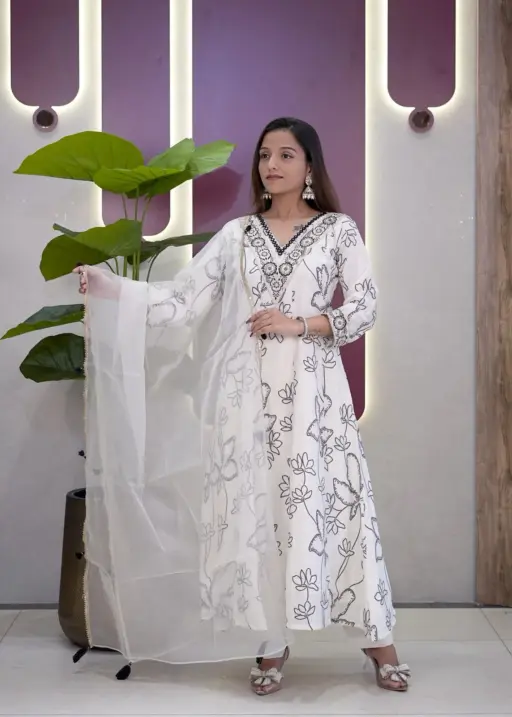 Stylish White Color Anarkali Kurti Set