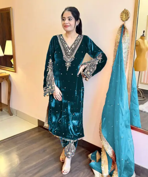 Teal Color Velvet Suit for Wedding