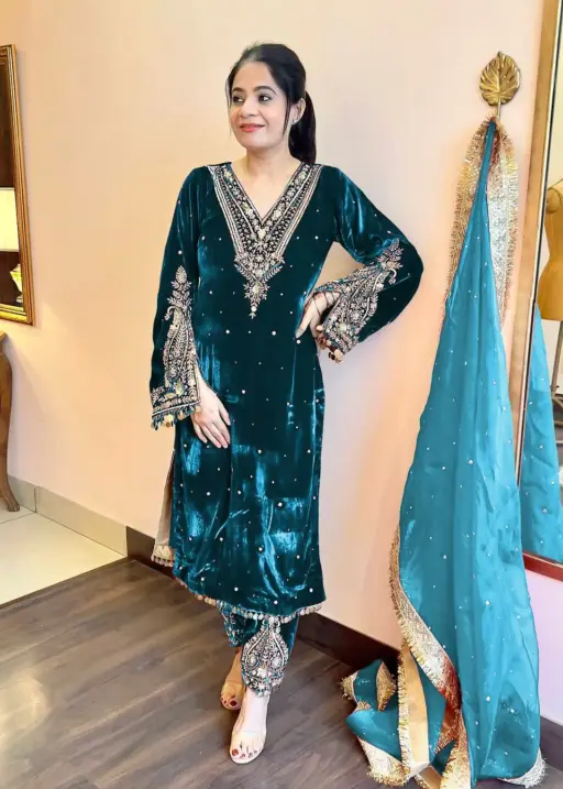 Teal Color Velvet Suit for Wedding