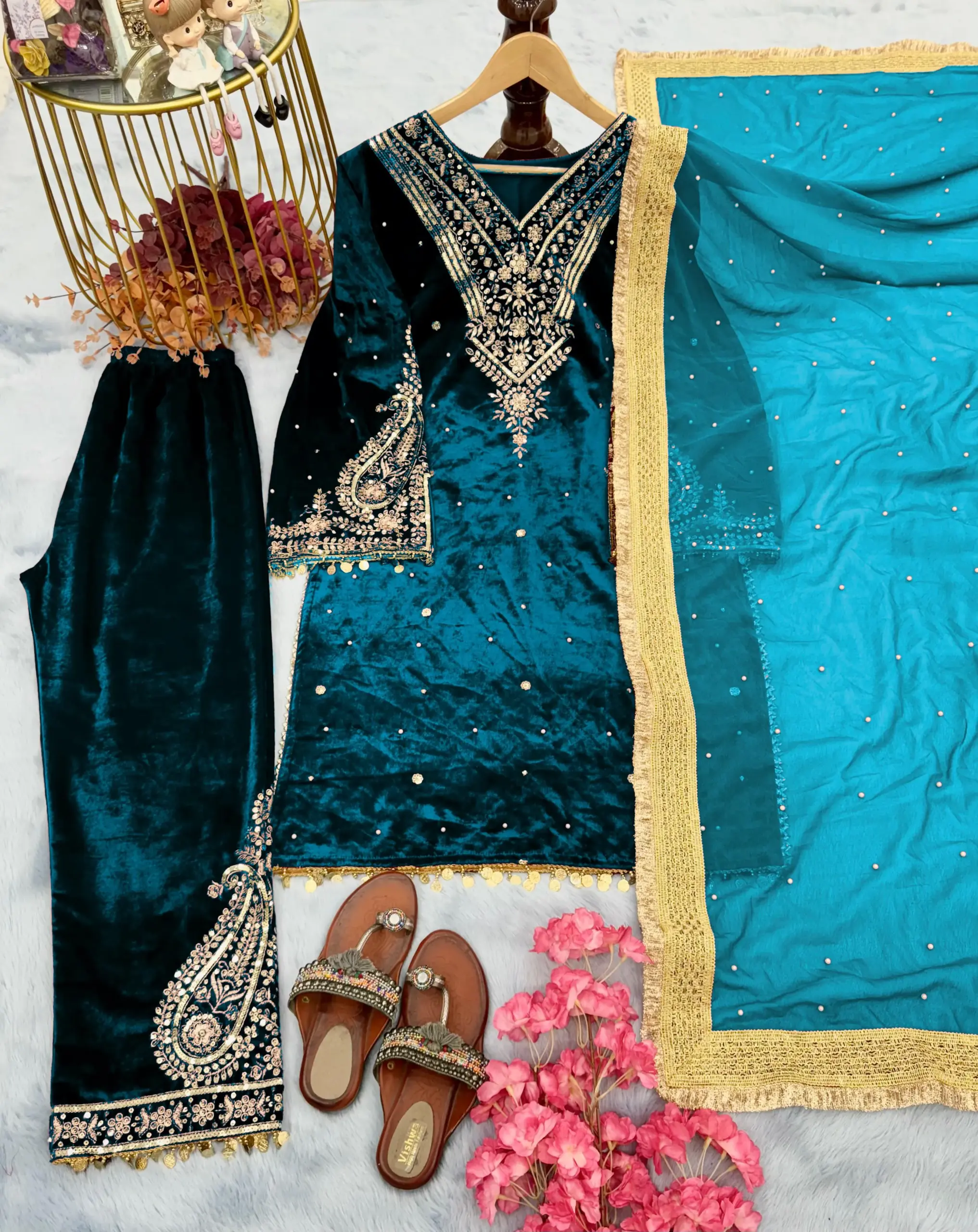 Teal Color Velvet Suit for Wedding - Image 3