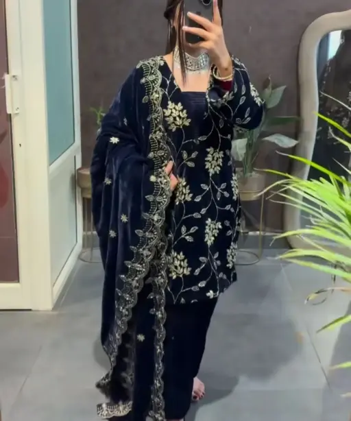 Trending Flower Embroidery Velvet Suit