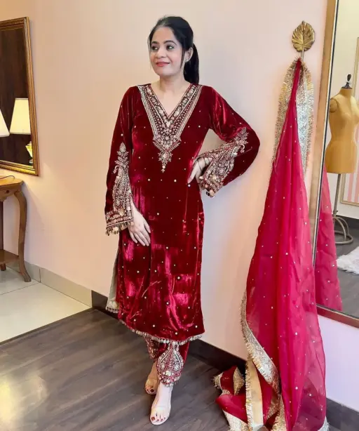 Velvet Red Salwar Suit with Embroidery