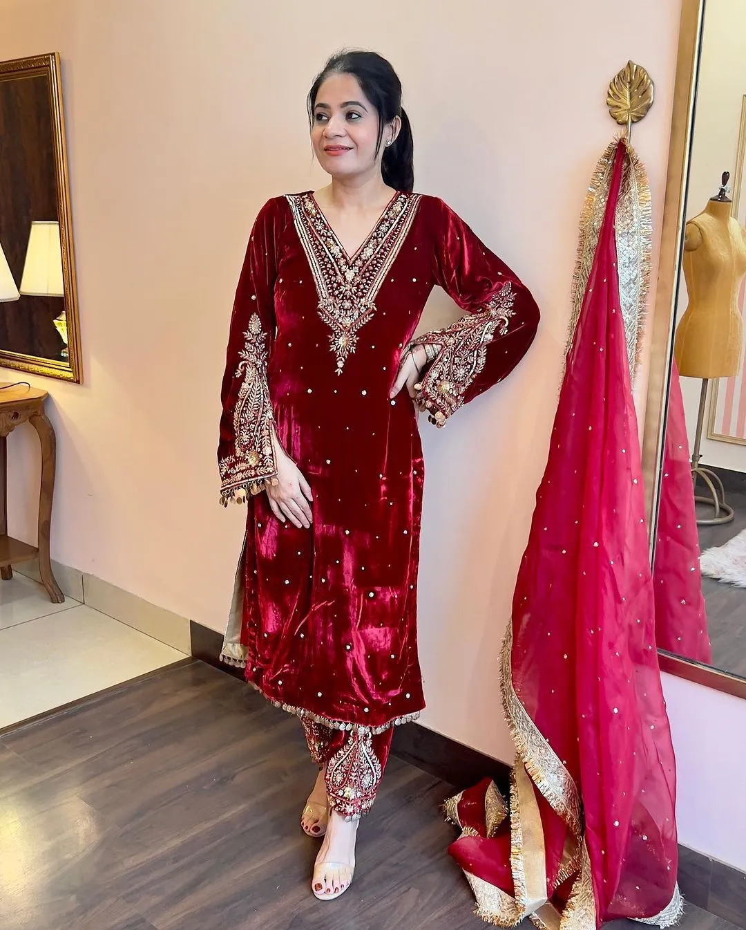 Velvet Red Salwar Suit with Embroidery
