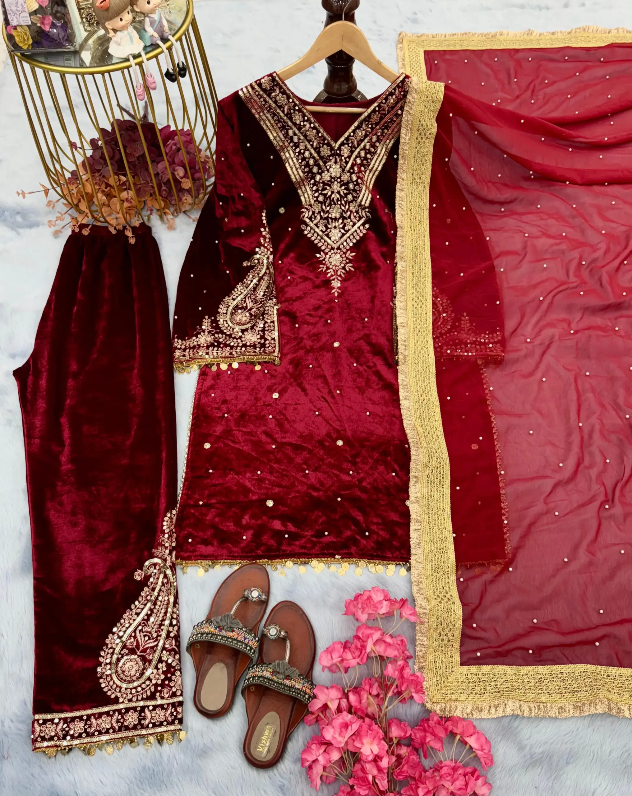 Velvet Red Salwar Suit with Embroidery - Image 2
