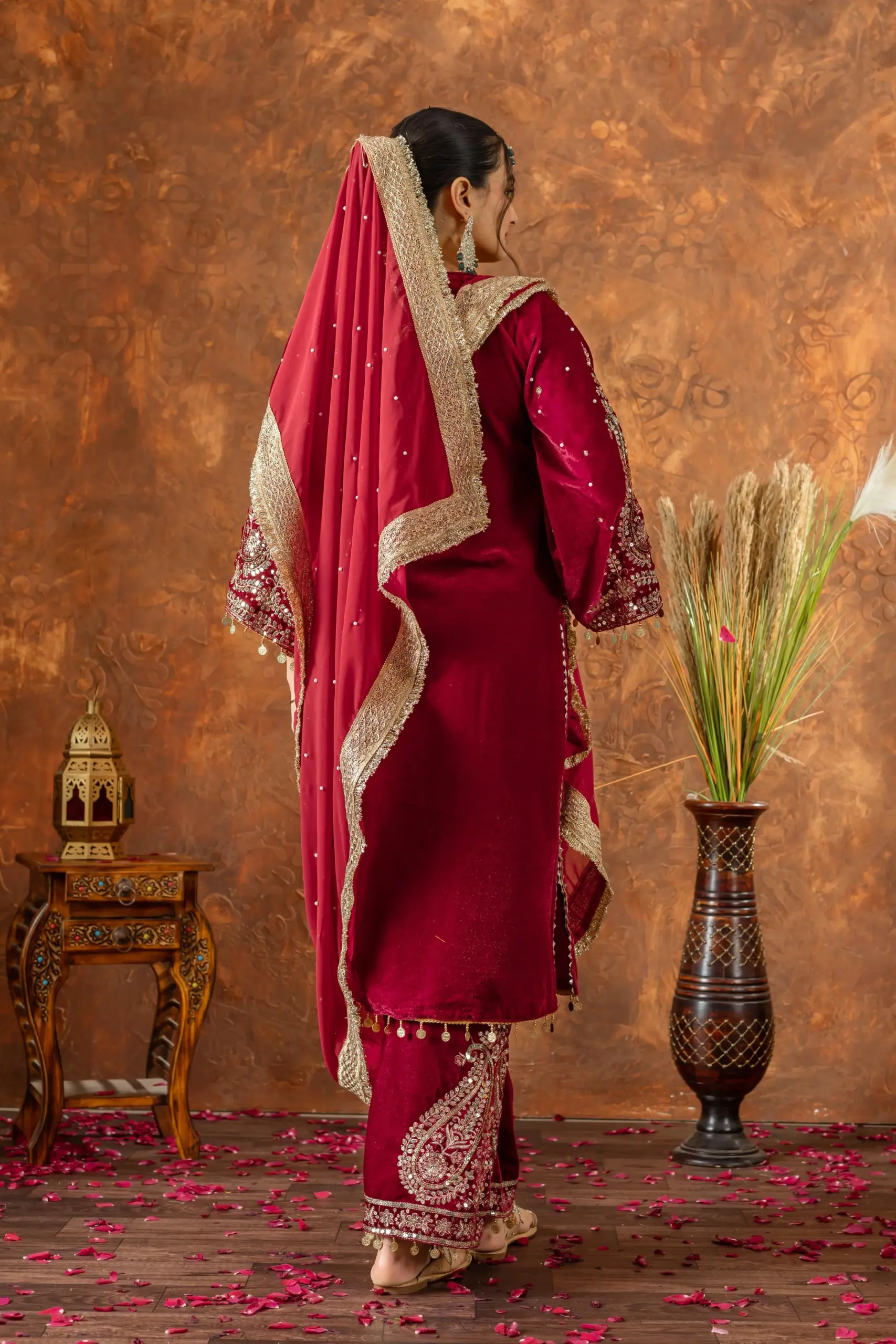 Velvet Red Salwar Suit with Embroidery - Image 3