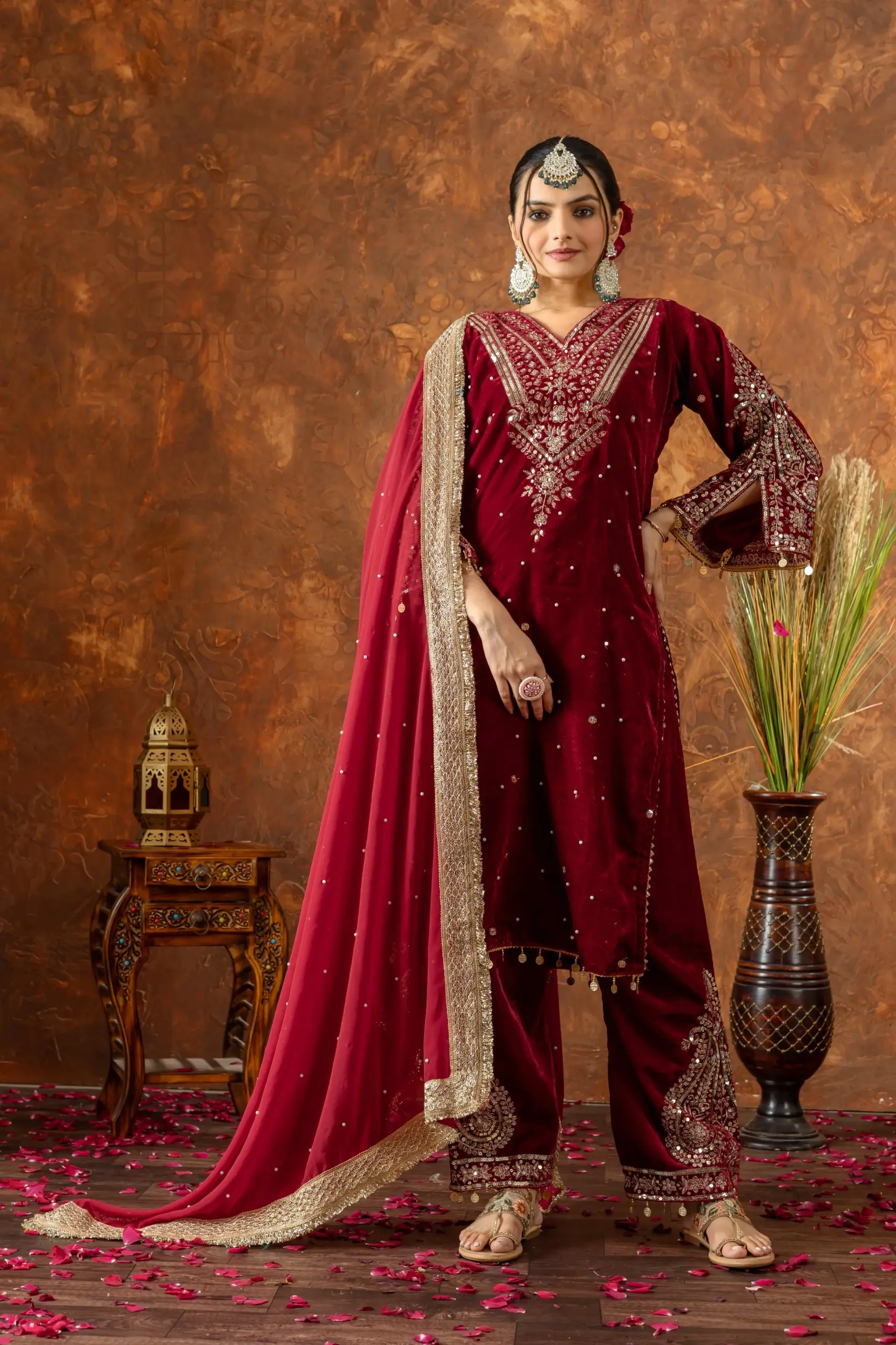 Velvet Red Salwar Suit with Embroidery - Image 4