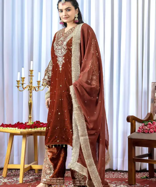 Wedding Wear Orange Velvet Dresses