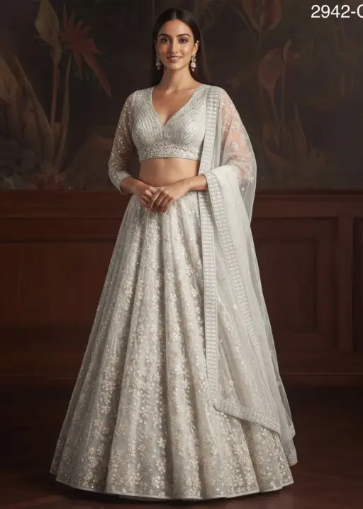 White Flower Embroidery Reception Lehenga 2025