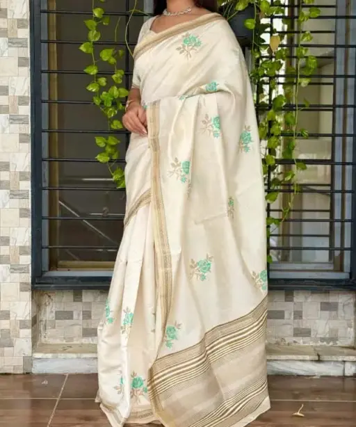 White Tusser Silk thread work Saree