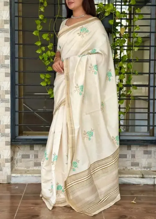 White Tusser Silk thread work Saree