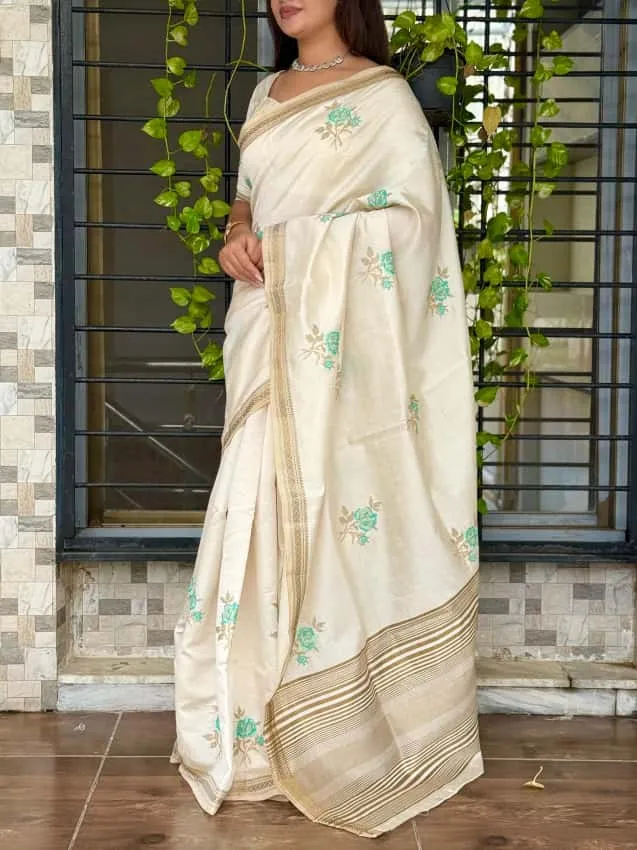 White Tusser Silk thread work Saree