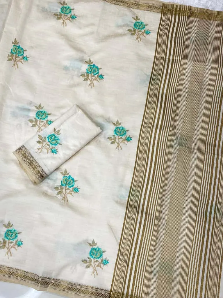 White Tusser Silk thread work Saree - Image 2