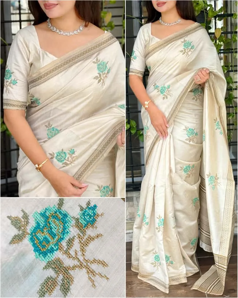 White Tusser Silk thread work Saree - Image 4