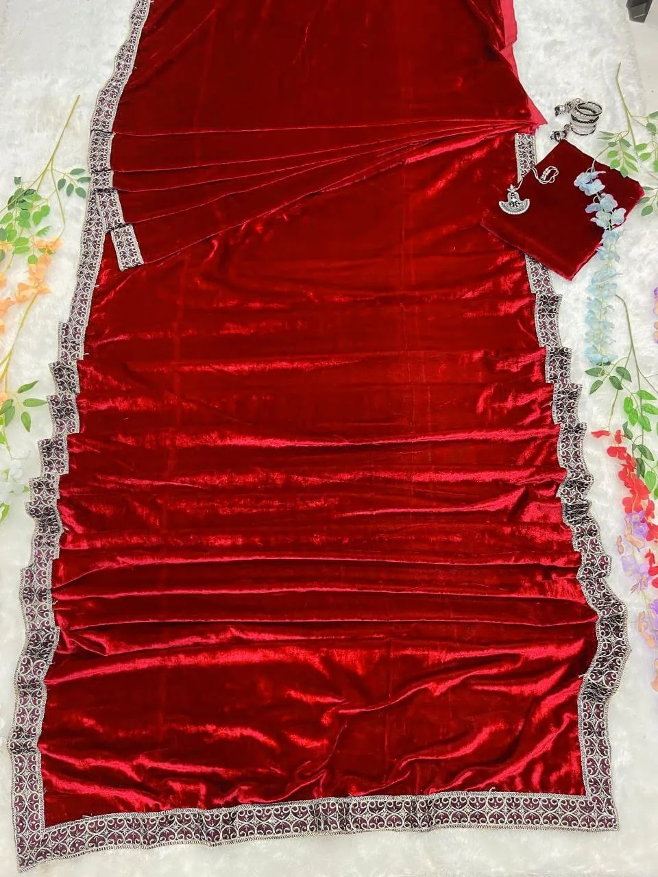 Winter Red Velvet Readymade Saree - Image 2