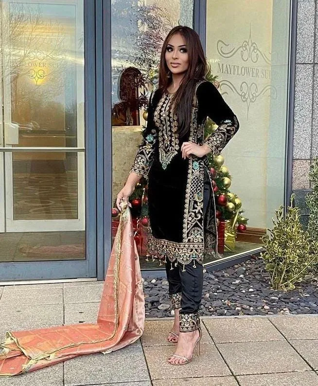 Winter Special Velvet Black Straight Suit