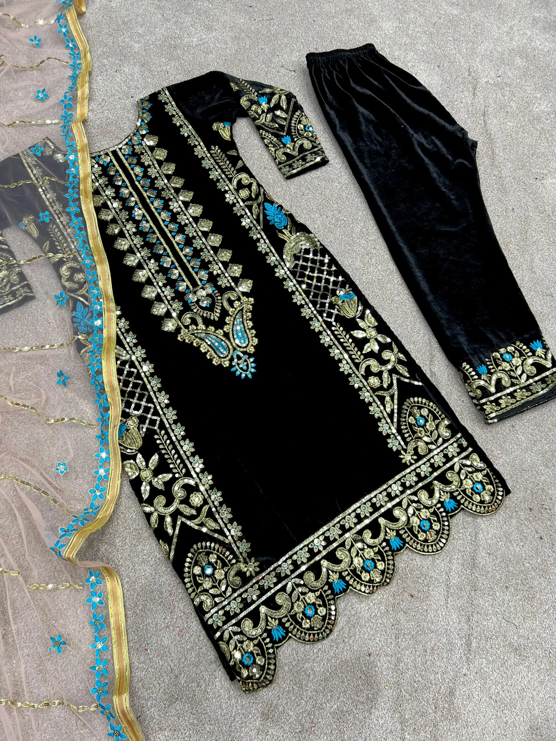 Winter Special Velvet Black Straight Suit - Image 3