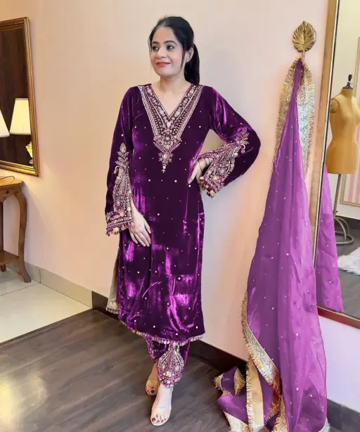 Winter Wear Embroidery Velvet Salwar Purple