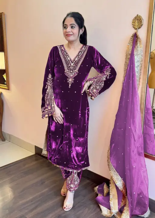 Winter Wear Embroidery Velvet Salwar Purple