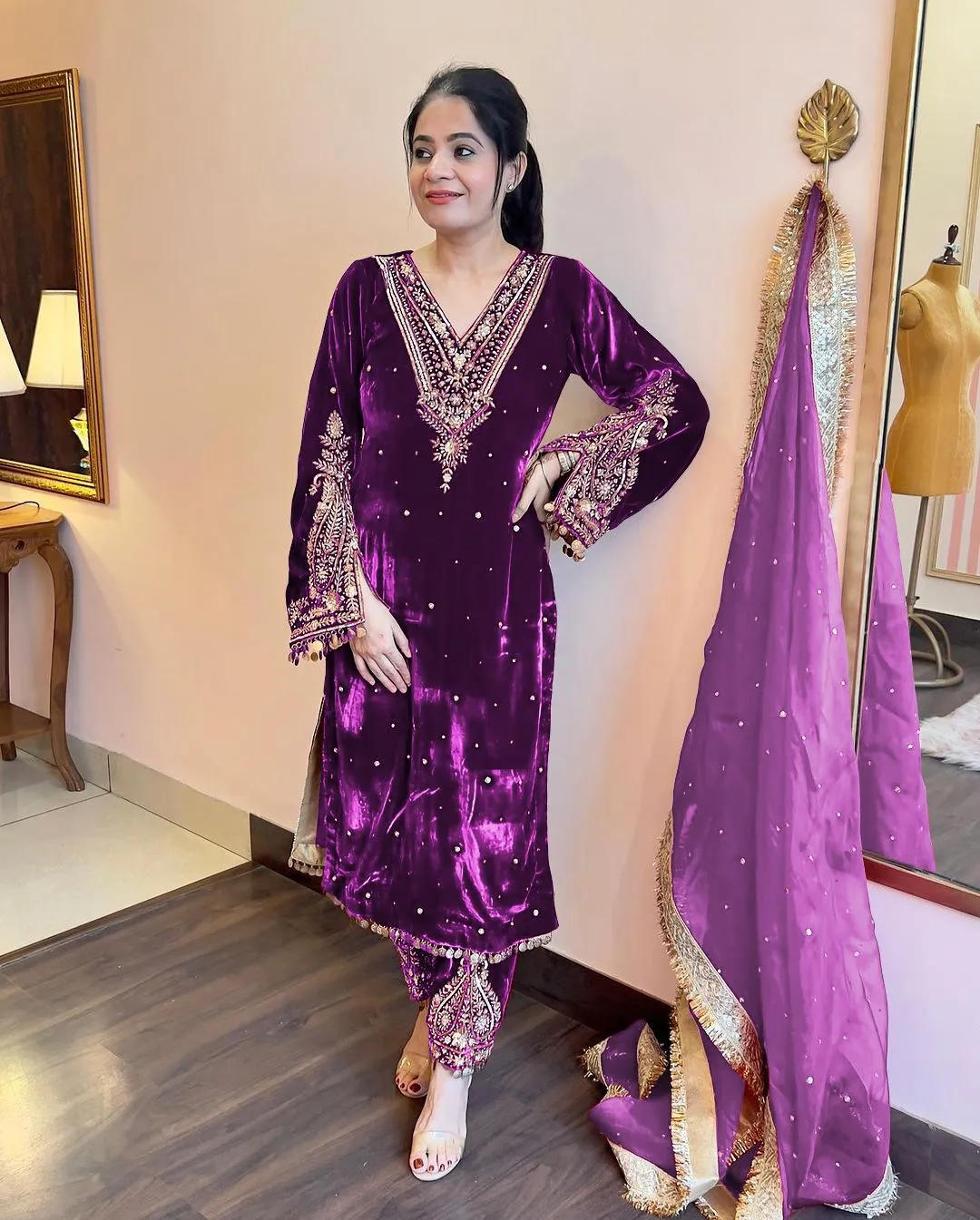 Winter Wear Embroidery Velvet Salwar Purple