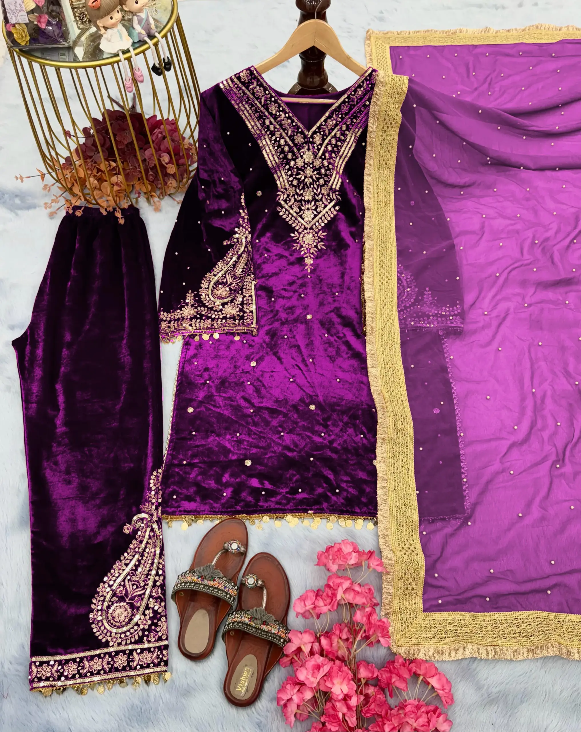 Winter Wear Embroidery Velvet Salwar Purple - Image 2