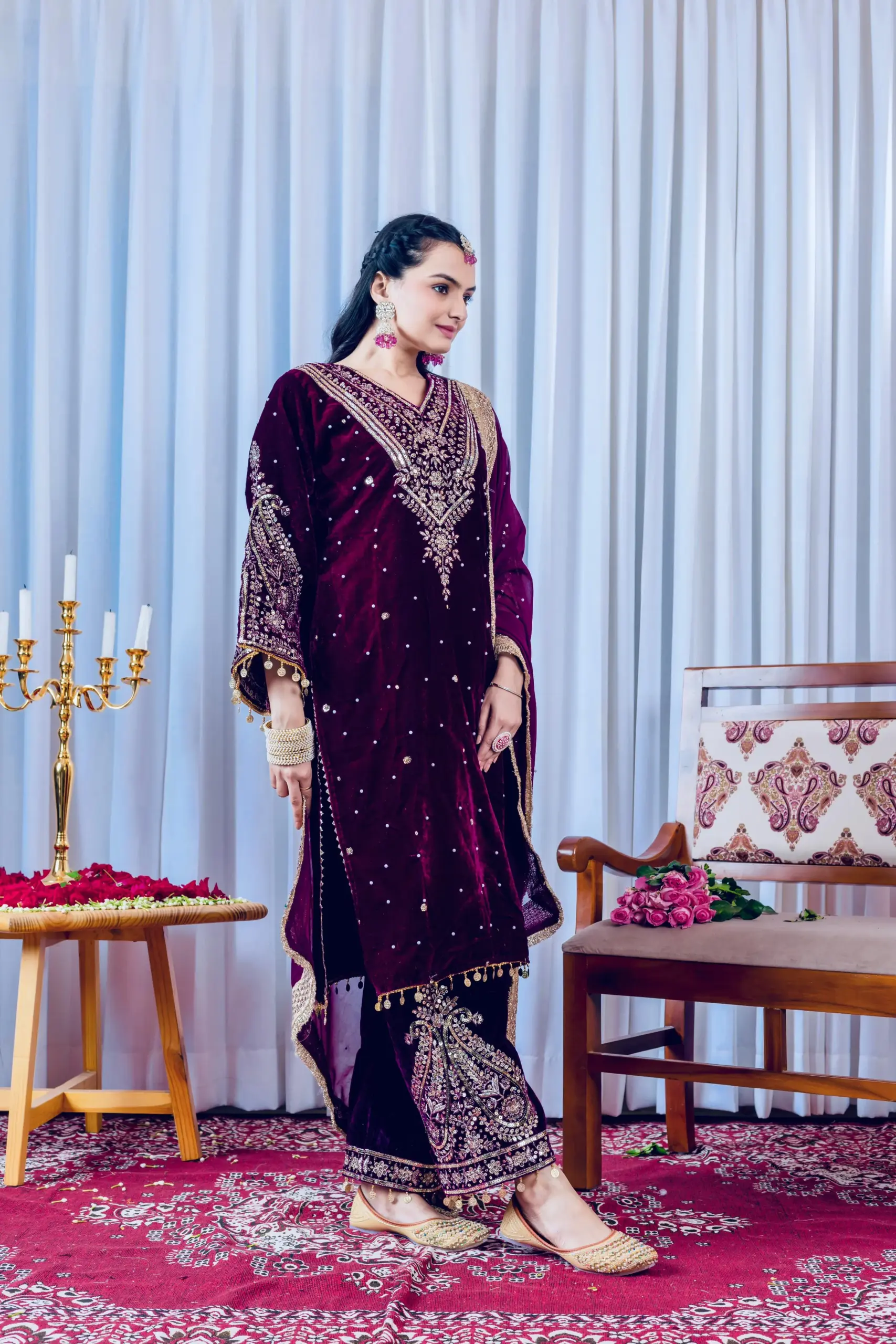 Winter Wear Embroidery Velvet Salwar Purple - Image 3