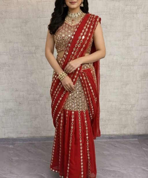 Sangeet Wear Red Readymade Lehenga Saree