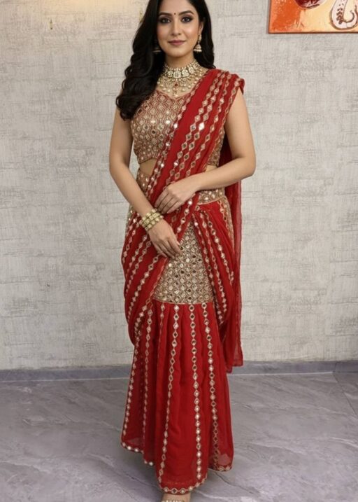 Sangeet Wear Red Readymade Lehenga Saree