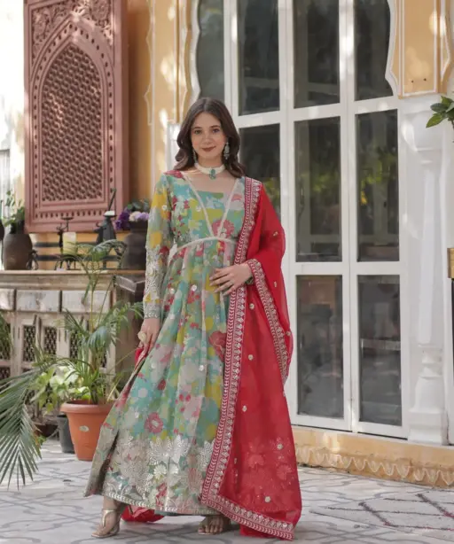 Alia Cut Printed Gown with Dupatta for Girls