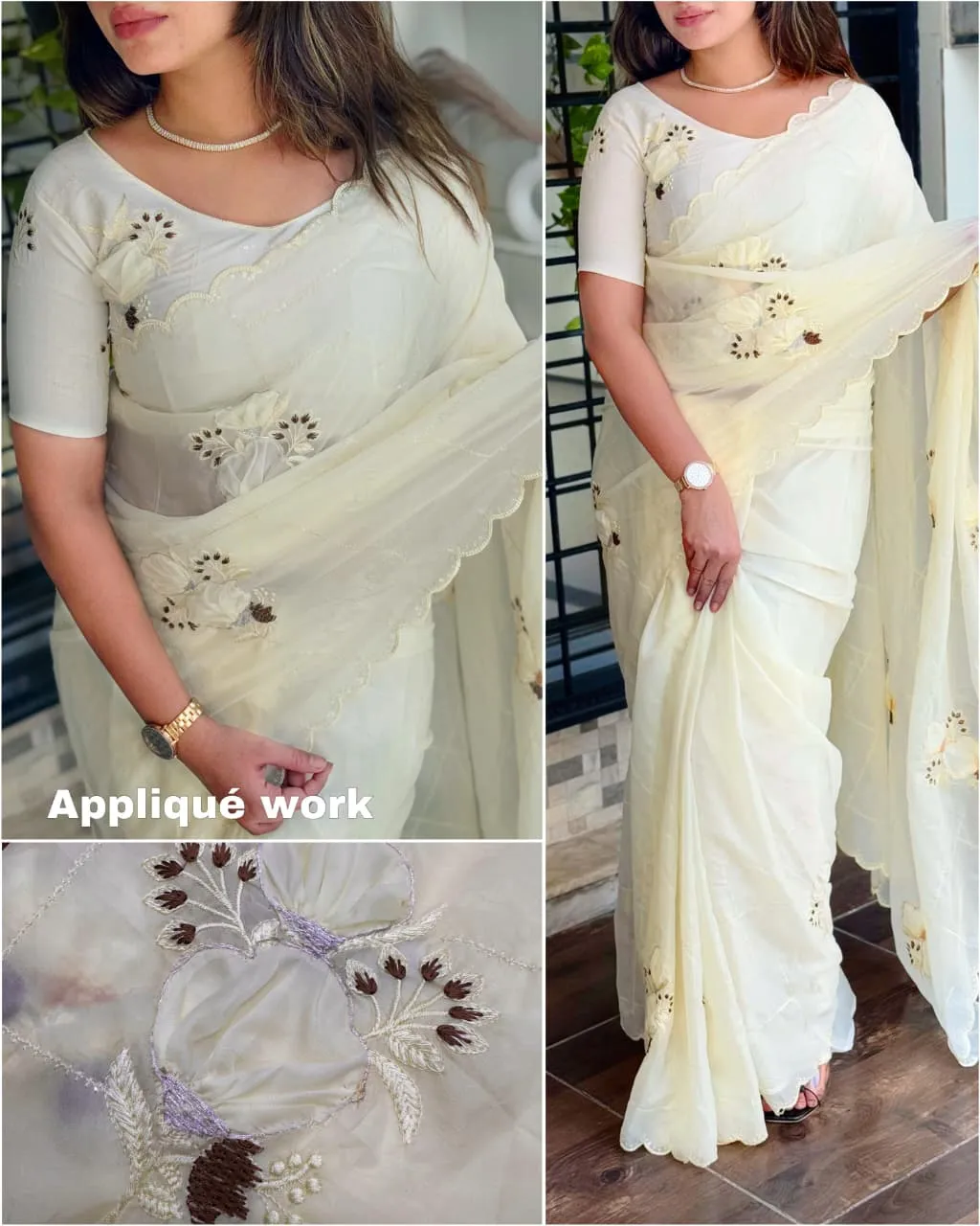 Applique work Cream Designer Saree - Image 3