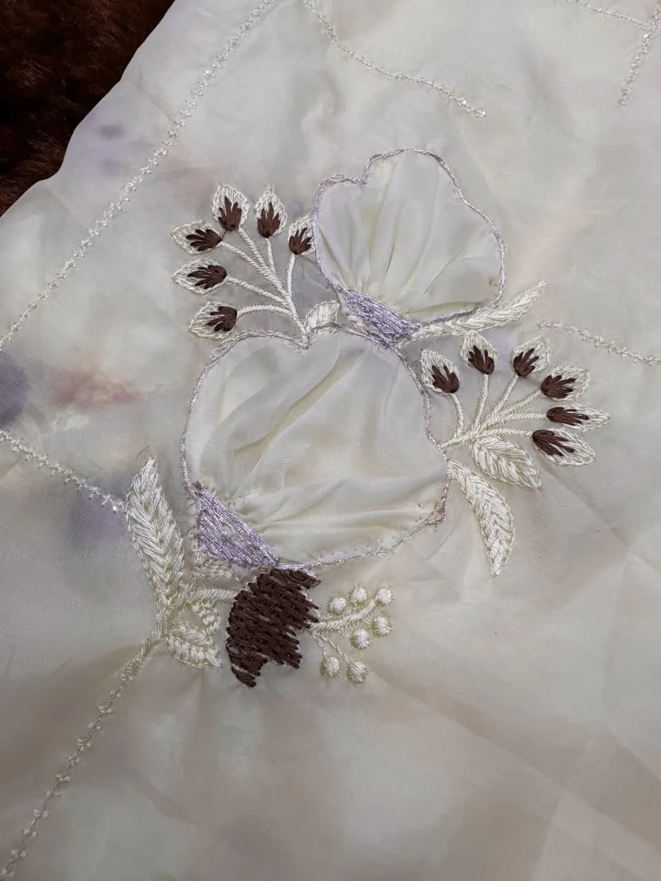 Applique work Cream Designer Saree - Image 4