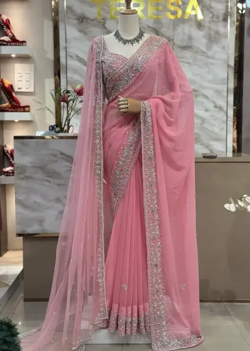Baby Pink Designer Saree with Dupatta
