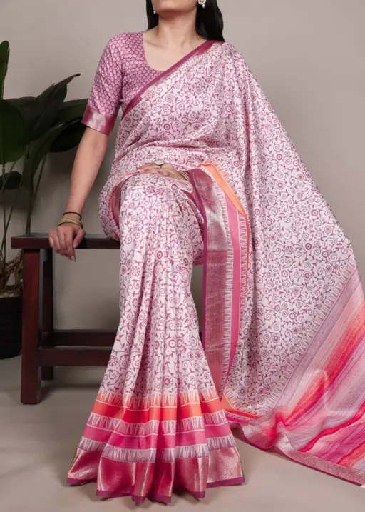 Baby Pink Floral Taser Silk Saree