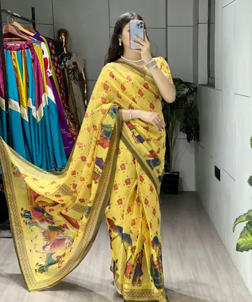 Barat Printed Yellow Saree Under 1000