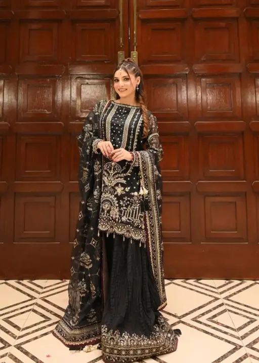 Black Pakistani Readymade Sharara Salwar Set