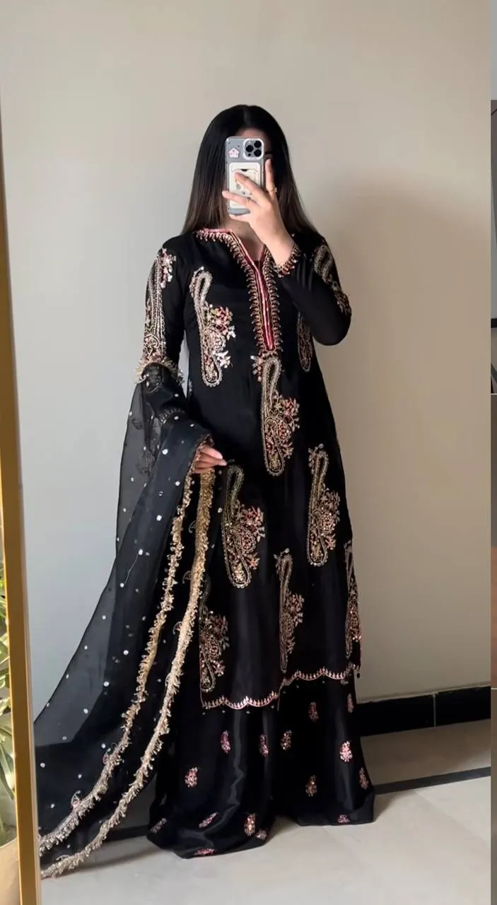 Black Sharara Suit Multi color Embroidery