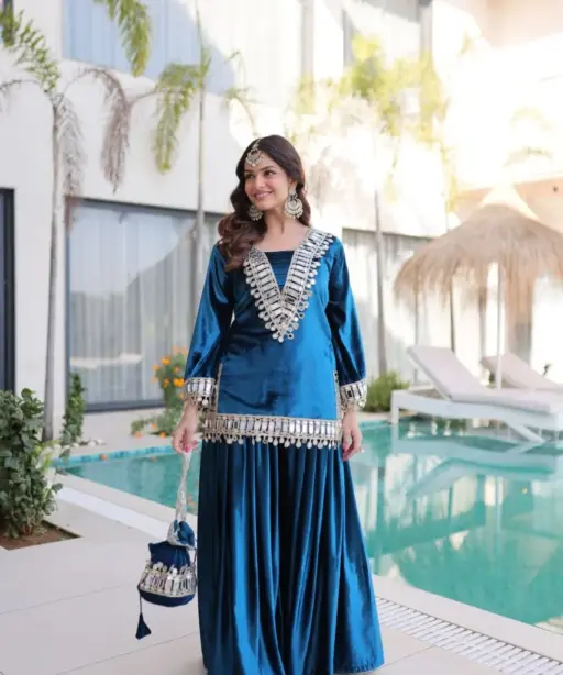 Blue Mirror Work Co ord Set with Batwa