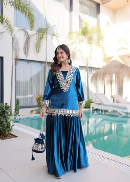 Blue Mirror Work Co ord Set with Batwa