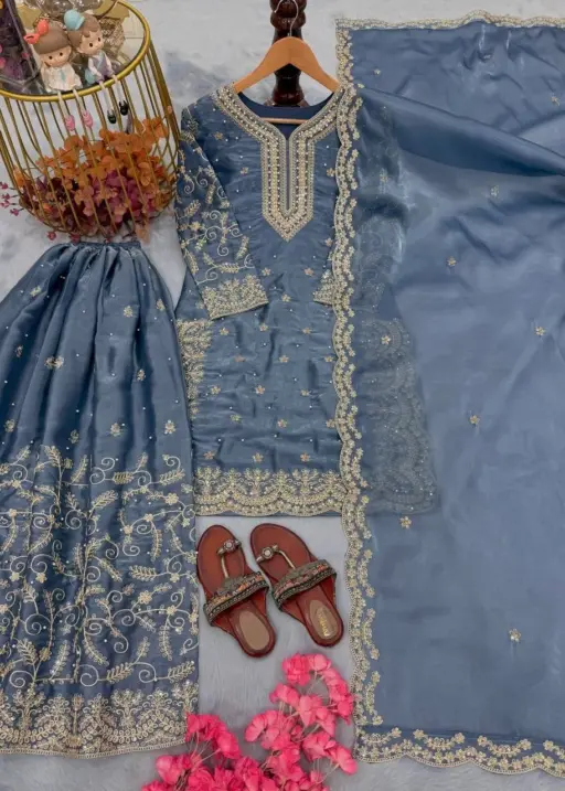 Blue Pakistani Plazzo Salwar Set Readymade