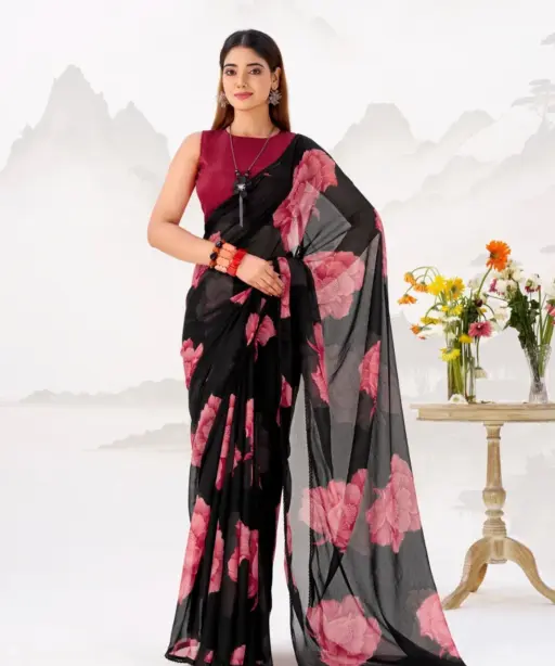 Bollywood Style Black with Red Floral Chiffon Saree