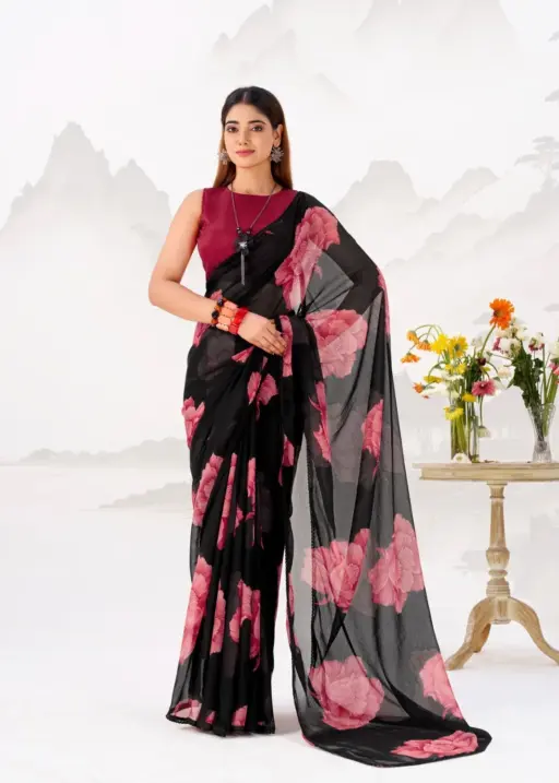 Bollywood Style Black with Red Floral Chiffon Saree