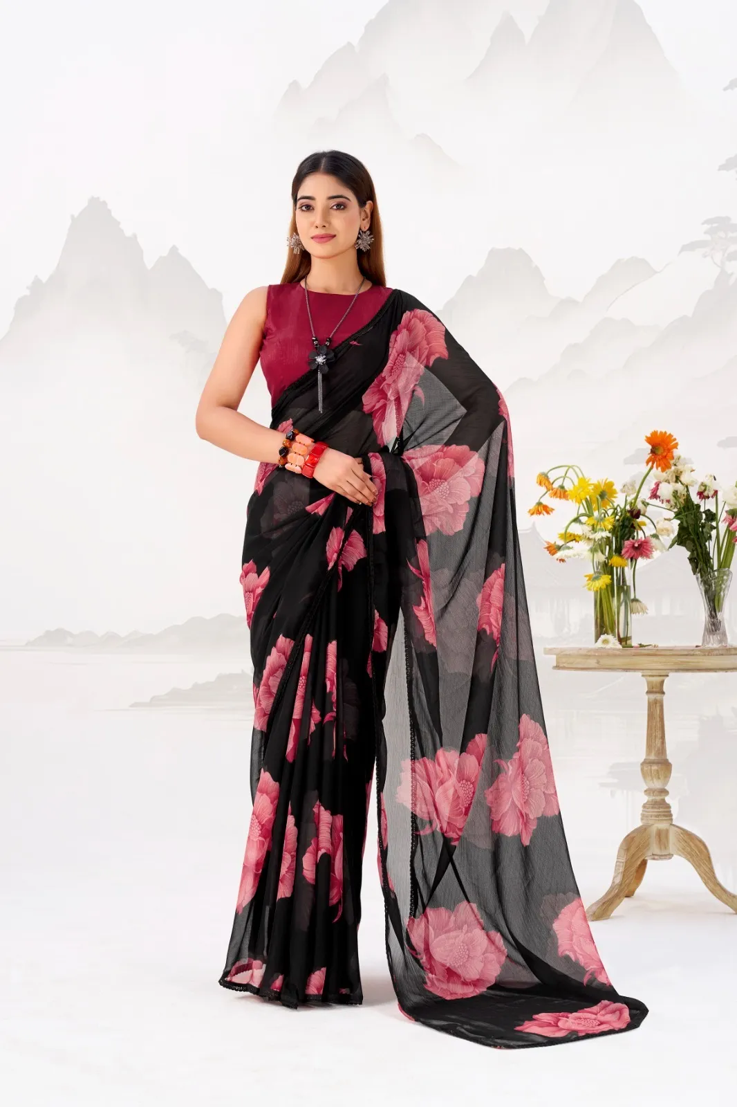 Bollywood Style Black with Red Floral Chiffon Saree