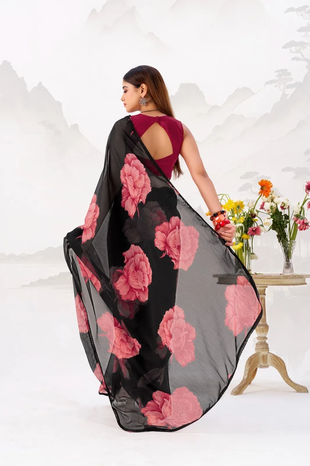 Bollywood Style Black with Red Floral Chiffon Saree - Image 4