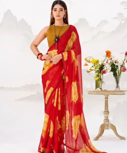Bollywood Style Red with Orange Floral Chiffon Saree