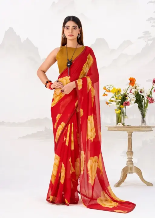 Bollywood Style Red with Orange Floral Chiffon Saree