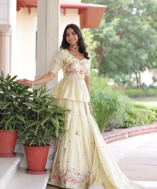 Cream Readymade Chaniya with Long Choli Set