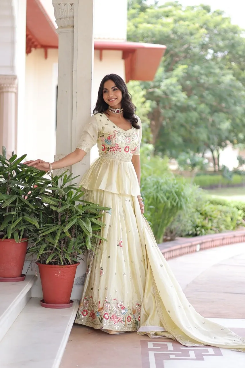 Cream Readymade Chaniya with Long Choli Set