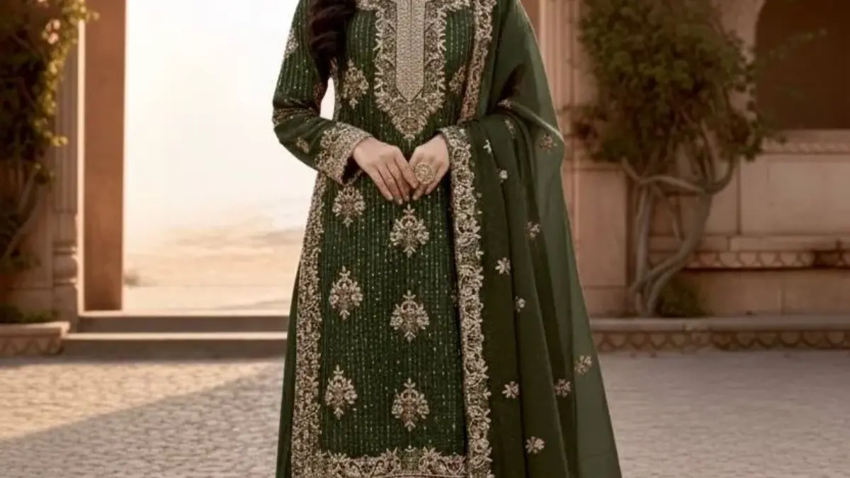 slim fit dress slacks Green Pakistani Georgette Long Anarkali Gown For Indian Fest