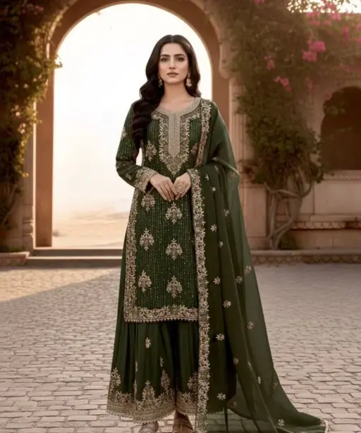 Diamond Work Readymade Pakistani Green Dress