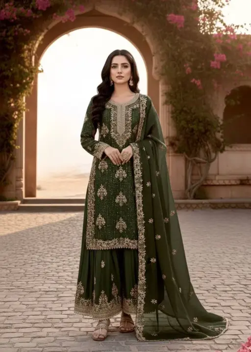 Diamond Work Readymade Pakistani Green Dress
