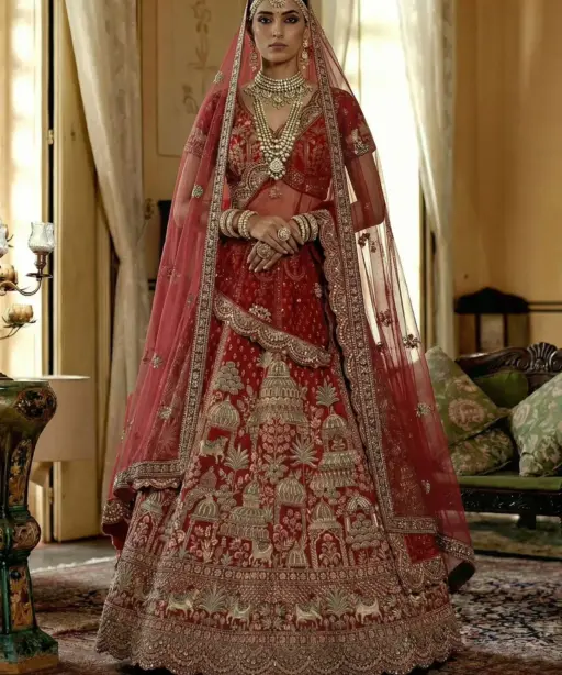 Double Dupatta Flared Bridal Lehenga Choli in Red